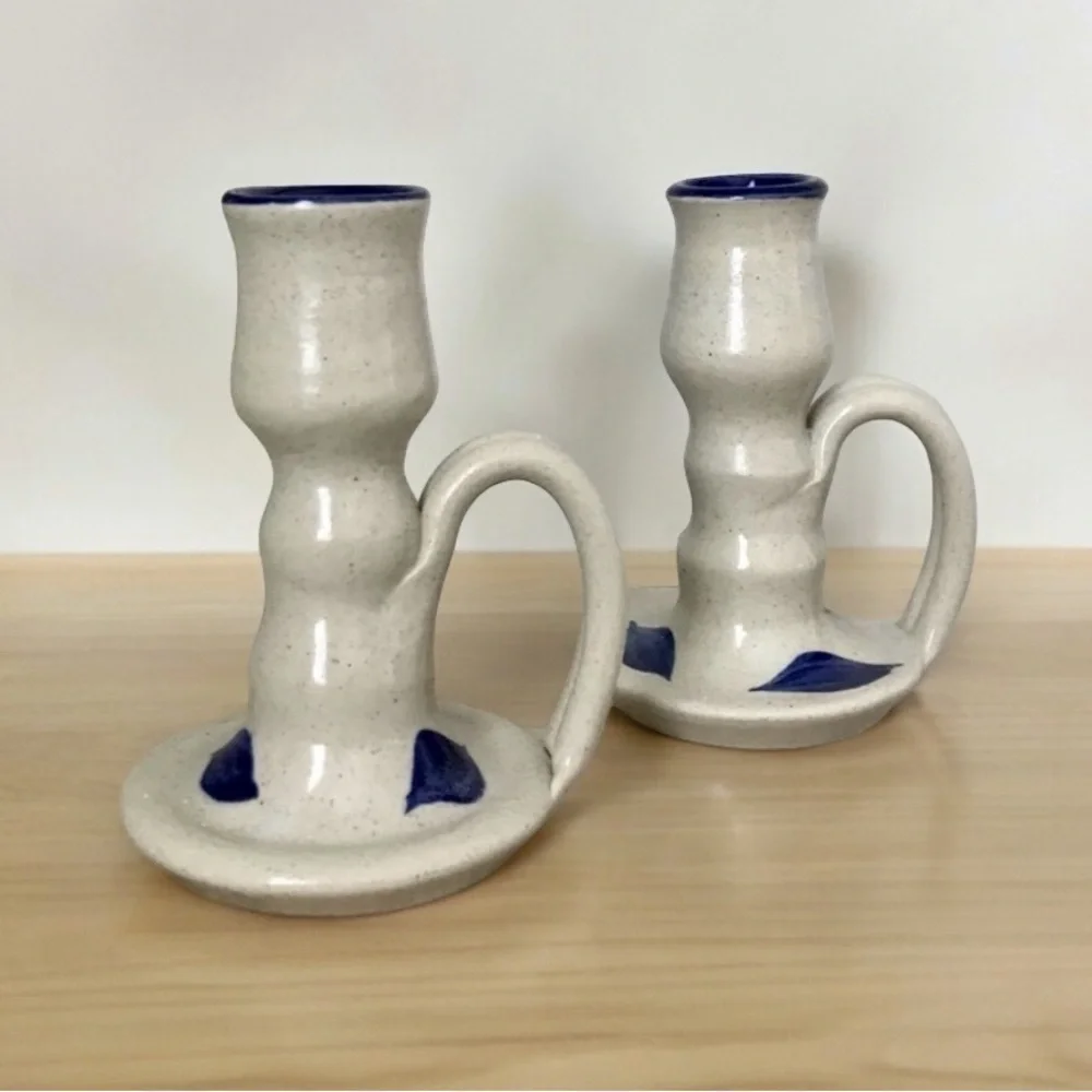 Williamsburg Pottery Salt Glaze Set of 2 Flat Candle Holders Beige Blue